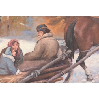 J Fałat - Wyprawa Na Targ - Zimowa Scena - Duży Obraz Olejny Unikalna Rama