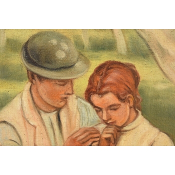 Józef Chełmoński - Zakochana Para w Sadzie - Obraz Olejny - Złota Rama