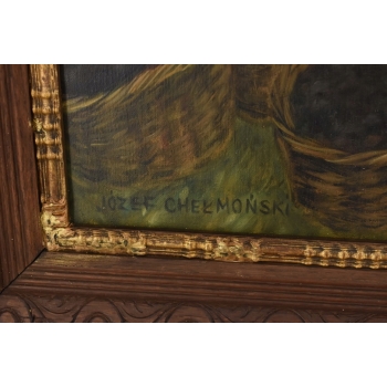 Józef Chełmoński - Kobieta z Koszami - Pejzaż Wsi - Obraz Olejny Złota Rama
