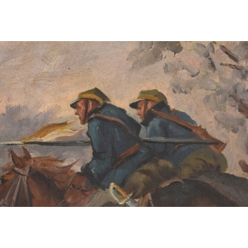 Wojciech Kossak - Szarża Ułanów Na Koniach - Zimowa Scena - Obraz Olejny