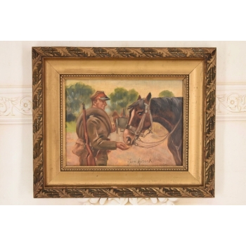 Jerzy Kossak - Ułan Karmiący Konia - Obraz Olejny - Zdobiona Rama