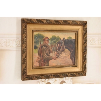 Jerzy Kossak - Ułan Karmiący Konia - Obraz Olejny - Zdobiona Rama