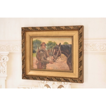 Jerzy Kossak - Ułan Karmiący Konia - Obraz Olejny - Zdobiona Rama