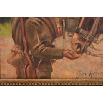 Jerzy Kossak - Ułan Karmiący Konia - Obraz Olejny - Zdobiona Rama