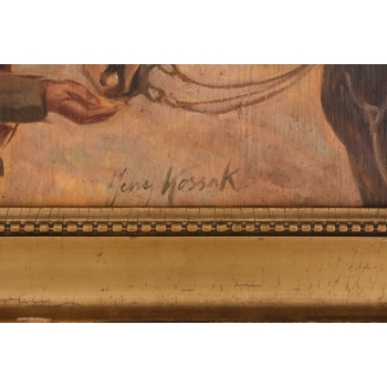 Jerzy Kossak - Ułan Karmiący Konia - Obraz Olejny - Zdobiona Rama