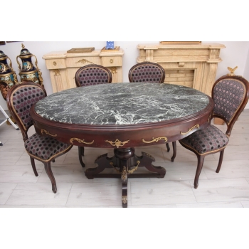 Meble Do Gabinetu - Stół Owalny + 4 Krzesła - Marmurowy Blat Złote Okucia