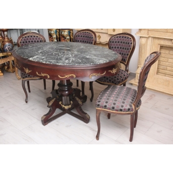 Meble Do Gabinetu - Stół Owalny + 4 Krzesła - Marmurowy Blat Złote Okucia