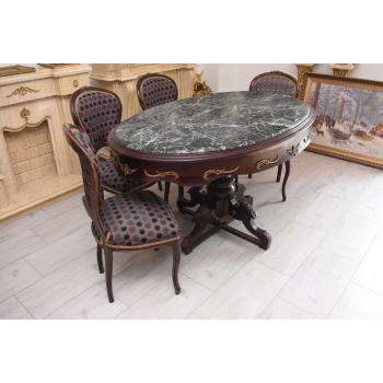 Meble Do Gabinetu - Stół Owalny + 4 Krzesła - Marmurowy Blat Złote Okucia