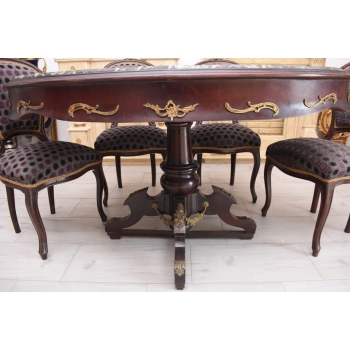 Meble Do Gabinetu - Stół Owalny + 4 Krzesła - Marmurowy Blat Złote Okucia