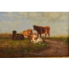 Scena Rodzajowa - Cztery Krowy Na Pastwisku - Obraz Olejny Zdobiona Rama