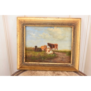 Scena Rodzajowa - Cztery Krowy Na Pastwisku - Obraz Olejny Zdobiona Rama