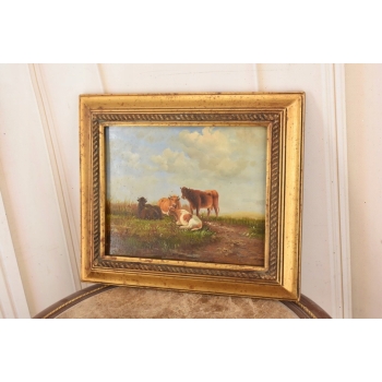 Scena Rodzajowa - Cztery Krowy Na Pastwisku - Obraz Olejny Zdobiona Rama