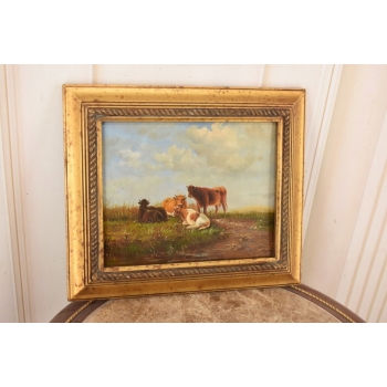 Scena Rodzajowa - Cztery Krowy Na Pastwisku - Obraz Olejny Zdobiona Rama