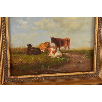 Scena Rodzajowa - Cztery Krowy Na Pastwisku - Obraz Olejny Zdobiona Rama
