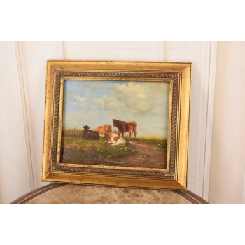 Scena Rodzajowa - Cztery Krowy Na Pastwisku - Obraz Olejny Zdobiona Rama
