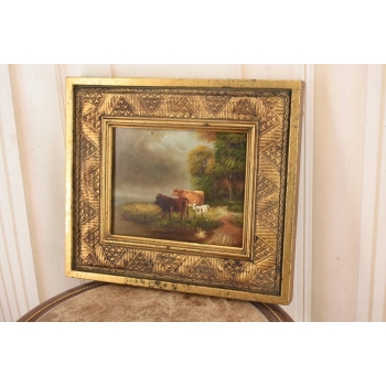 Scena Rodzajowa - Rodzina Krów Przy Rzece - Obraz Olejny Zdobiona Rama
