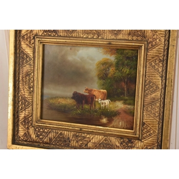 Scena Rodzajowa - Rodzina Krów Przy Rzece - Obraz Olejny Zdobiona Rama