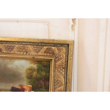 Scena Rodzajowa - Rodzina Krów Przy Rzece - Obraz Olejny Zdobiona Rama