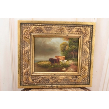 Scena Rodzajowa - Rodzina Krów Przy Rzece - Obraz Olejny Zdobiona Rama