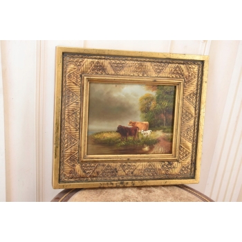 Scena Rodzajowa - Rodzina Krów Przy Rzece - Obraz Olejny Zdobiona Rama