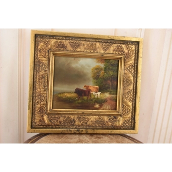 Scena Rodzajowa - Rodzina Krów Przy Rzece - Obraz Olejny Zdobiona Rama