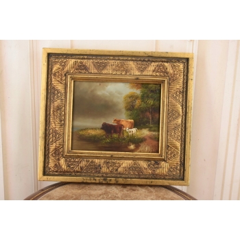 Scena Rodzajowa - Rodzina Krów Przy Rzece - Obraz Olejny Zdobiona Rama