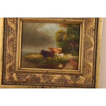 Scena Rodzajowa - Rodzina Krów Przy Rzece - Obraz Olejny Zdobiona Rama