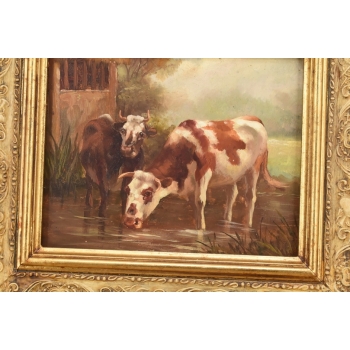 Scena Rodzajowa - Dwie Krowy Przy Wodopoju - Obraz Olejny Zdobiona Rama
