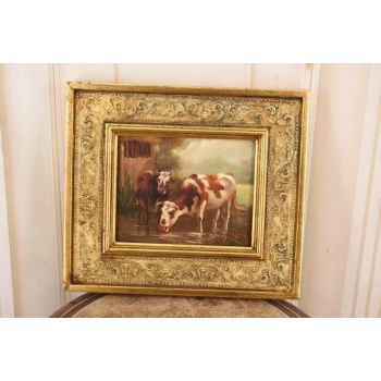 Scena Rodzajowa - Dwie Krowy Przy Wodopoju - Obraz Olejny Zdobiona Rama