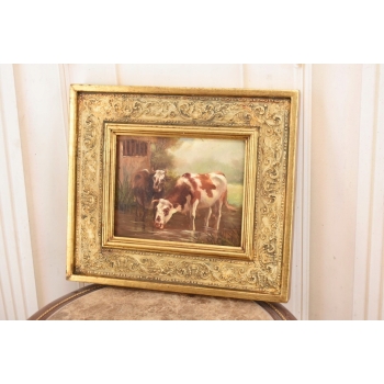 Scena Rodzajowa - Dwie Krowy Przy Wodopoju - Obraz Olejny Zdobiona Rama