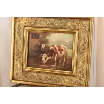 Scena Rodzajowa - Dwie Krowy Przy Wodopoju - Obraz Olejny Zdobiona Rama
