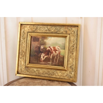 Scena Rodzajowa - Dwie Krowy Przy Wodopoju - Obraz Olejny Zdobiona Rama