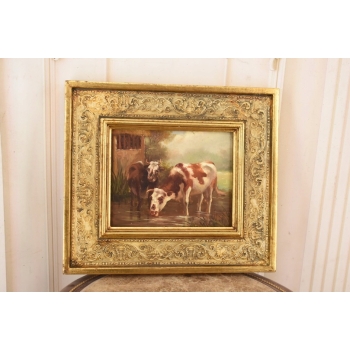 Scena Rodzajowa - Dwie Krowy Przy Wodopoju - Obraz Olejny Zdobiona Rama