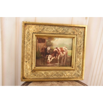 Scena Rodzajowa - Dwie Krowy Przy Wodopoju - Obraz Olejny Zdobiona Rama