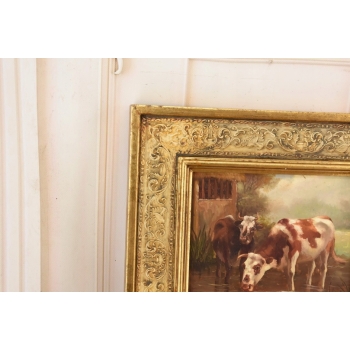 Scena Rodzajowa - Dwie Krowy Przy Wodopoju - Obraz Olejny Zdobiona Rama
