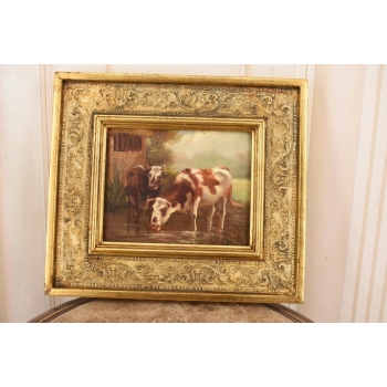 Scena Rodzajowa - Dwie Krowy Przy Wodopoju - Obraz Olejny Zdobiona Rama