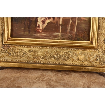 Scena Rodzajowa - Dwie Krowy Przy Wodopoju - Obraz Olejny Zdobiona Rama