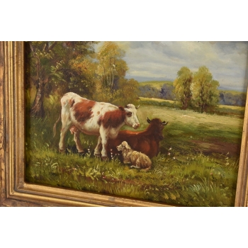 Scena Rodzajowa - Trzy Krowy na Pastwisku - Obraz Olejny Zdobiona Rama