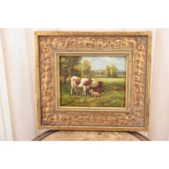 Scena Rodzajowa - Trzy Krowy na Pastwisku - Obraz Olejny Zdobiona Rama
