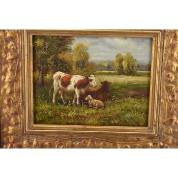 Scena Rodzajowa - Trzy Krowy na Pastwisku - Obraz Olejny Zdobiona Rama