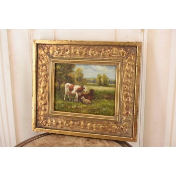 Scena Rodzajowa - Trzy Krowy na Pastwisku - Obraz Olejny Zdobiona Rama