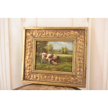 Scena Rodzajowa - Trzy Krowy na Pastwisku - Obraz Olejny Zdobiona Rama