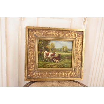 Scena Rodzajowa - Trzy Krowy na Pastwisku - Obraz Olejny Zdobiona Rama