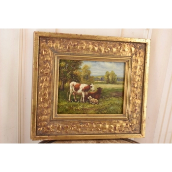 Scena Rodzajowa - Trzy Krowy na Pastwisku - Obraz Olejny Zdobiona Rama