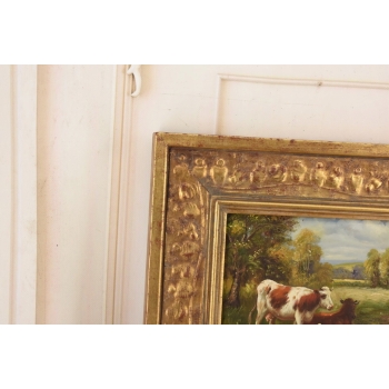 Scena Rodzajowa - Trzy Krowy na Pastwisku - Obraz Olejny Zdobiona Rama