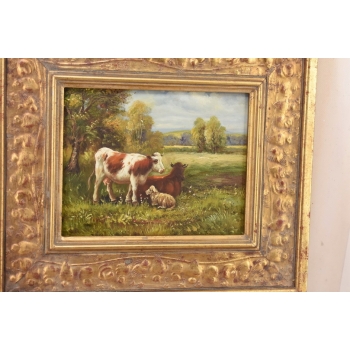 Scena Rodzajowa - Trzy Krowy na Pastwisku - Obraz Olejny Zdobiona Rama