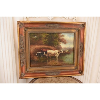Scena Rodzajowa - Stado Krów Przy Rzece - Obraz Olejny Zdobiona Rama