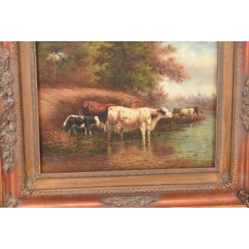 Scena Rodzajowa - Stado Krów Przy Rzece - Obraz Olejny Zdobiona Rama