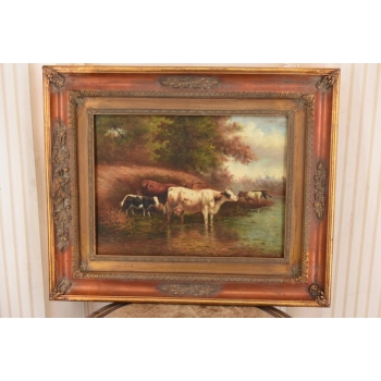 Scena Rodzajowa - Stado Krów Przy Rzece - Obraz Olejny Zdobiona Rama