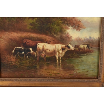 Scena Rodzajowa - Stado Krów Przy Rzece - Obraz Olejny Zdobiona Rama